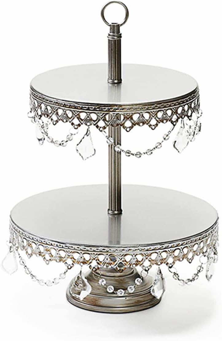 Opulent Treasures Two Tiered Chandelier Cake Plate, Dessert Stand Round Metal Crystal Dangles Cupcake Wedding Birthday Party Centerpiece (Antique Silver)
