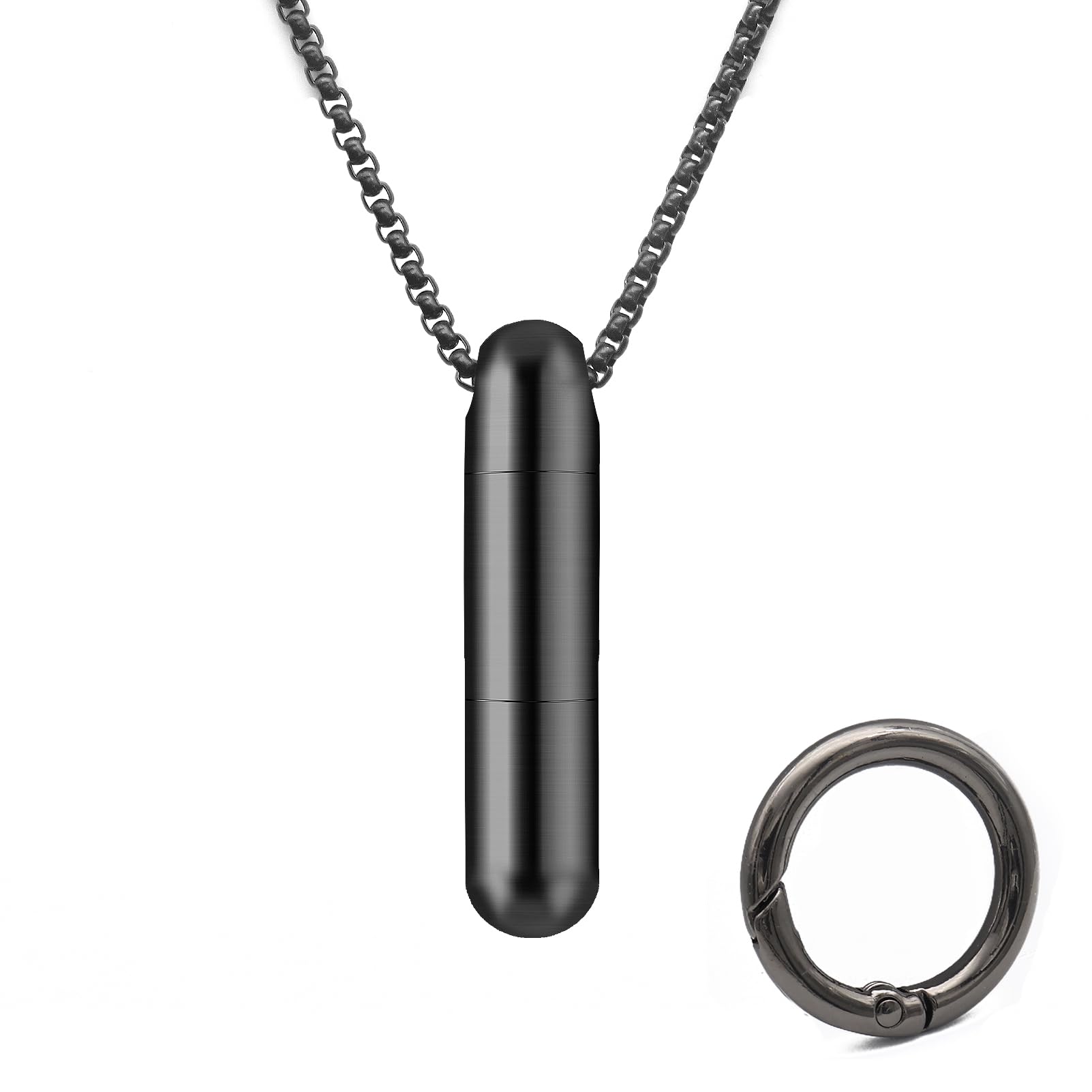 Extended Small Pill Box Necklace Black Titanium Mini Pill Case with Necklace Chain Tiny Pill Case for Men Waterproof Pill Holder Emergency Aspirin & Nitro Pill Container