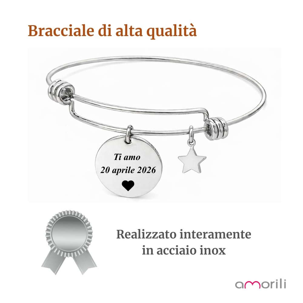 Bracciale Donna Personalizzato Personalizzabile con Incisione in Acciaio Inox Rigido – Incisione Nome Data Frase – Ciondolo Stella Stellina – Idea Regalo Elegante