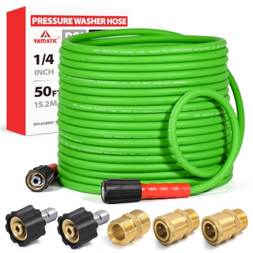 Image of YAMATIC Flexible Pressure Washer Hose 50 FT 1 /4 inch, M22-14mm Females | With 3 /8 inch Quick-Connect Adapters, 3200 PSI Kink-Resistant, Replacement /Extension Hose For Power Washing, Green