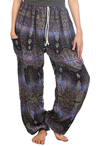 Lofbaz Women's Drawstring Paisley Harem Boho Genie Pants Blue S