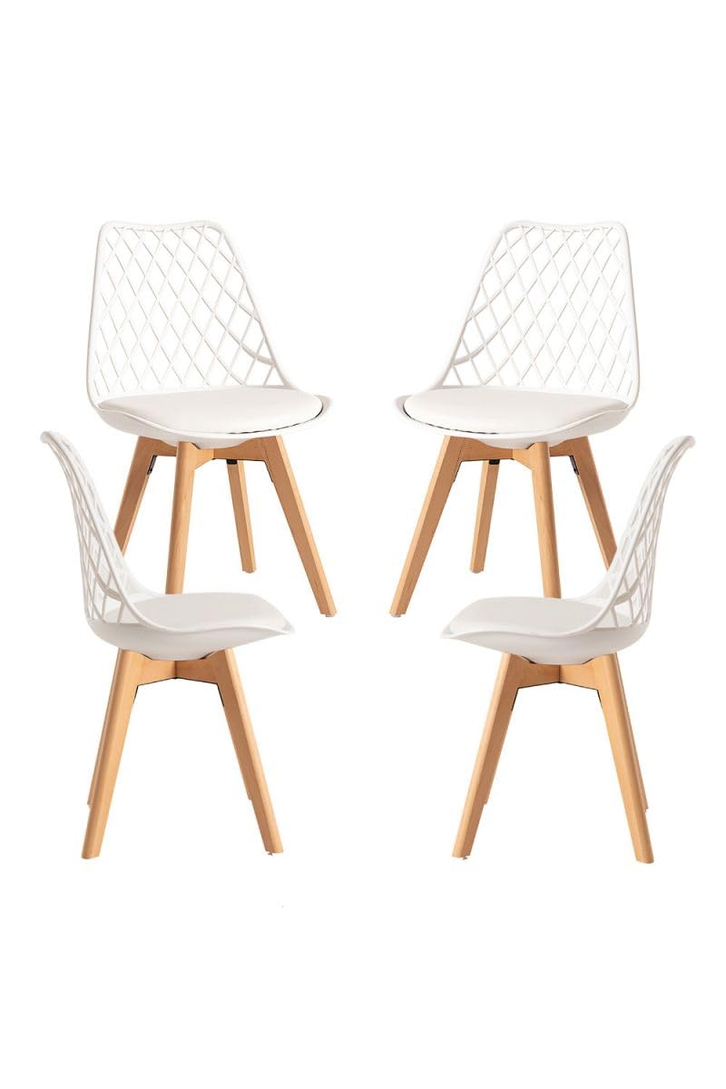 Regalos Miguel Set di 4 sedie Mima bianche, per sala da pranzo e cucina, stile nordico, struttura in polipropilene, seduta imbottita in similpelle e gambe in legno di faggio