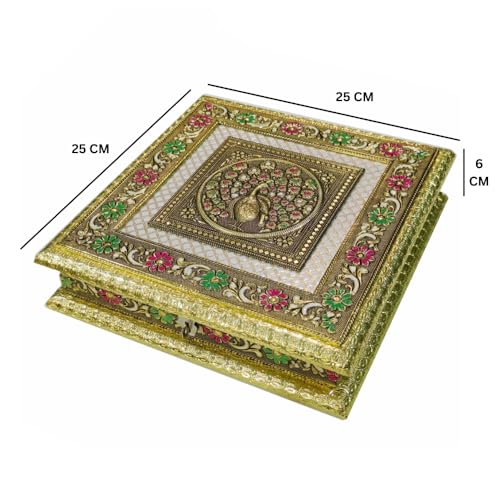 Image of Premium Gold Plated Dry Fruit Box with Peacock Design | Square Decorative Metal Storage Box with 4 Compartments | Luxury Gift for Diwali, Wedding & Festive Occasions (25 x 25 x 6 cm)