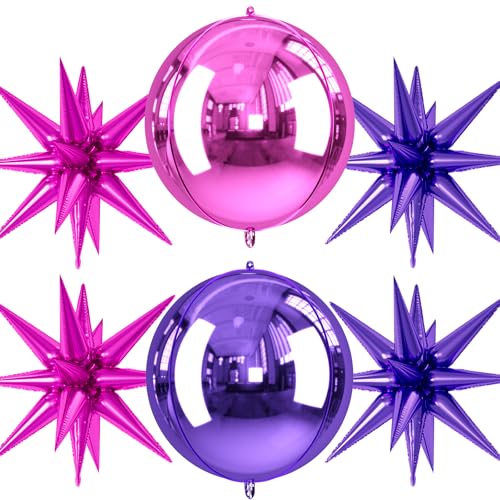 Image of 6pcs 22 Inch Hot Pink Purple Star Balloons And 4d Large Foil Balloons, Hot Pink Foil Star Spike Balloon Purple 4d Ball Balloon For Girls Women Birthday Baby Shower Party Wedding Anniversary Decoration