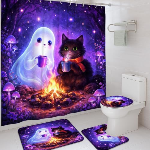 Rideau de douche fantômes lavable en machine avec œillets renforcés et tapis absorbant - 2
