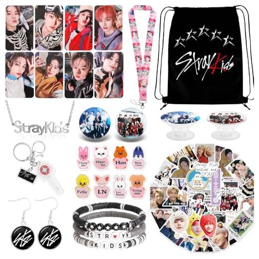 Japior Stray Kids Gifts,Stray Kids Kpop Merch with Drawstring Bag, 8 Cartoon Badges, 50 Stickers, 8 Photocards, 3 Design Bracelet, Necklace, Earrings, Keychain, Straykids Lanyards Merchandise for Fans