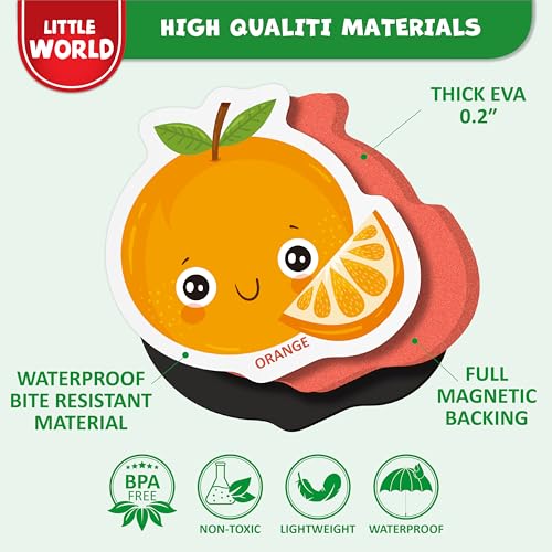 Little World Large Set of Safe and Durable Fridge Magnets for Toddlers 1-3 | Foam Refrigerator Magnets for Kids with Gift Box | Waterproof, Non-Toxic Fruit & Veggie Magnets for Children and Babies 1+