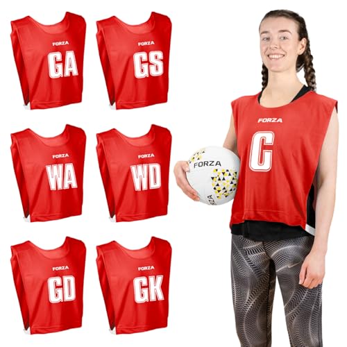 FORZA Pro Netball Bibs [7 Pack] | Full Netball Player Position Bib Pack Available in 7 Colours - Breathable and Comfortable Bibs for Schools & Clubs (Red, Medium)