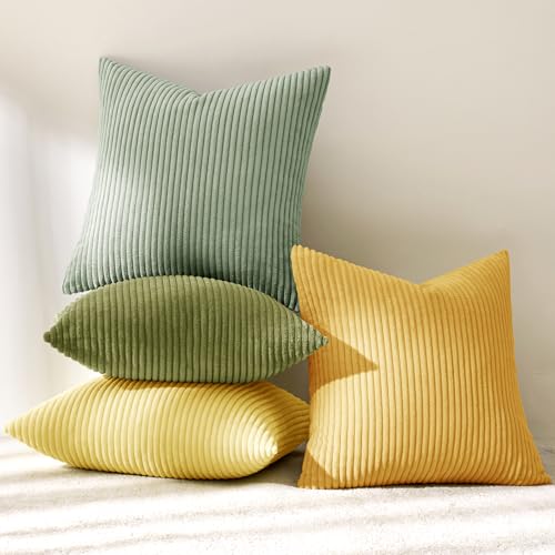 Image of MIULEE Boho Farmhouse Yellow Green Throw Pillow Covers 18x18 Inch Set of 4 Mordern Nordic Cushion Covers Soft Corduroy Spring Home Decor for Couch Bed Sofa Living Room