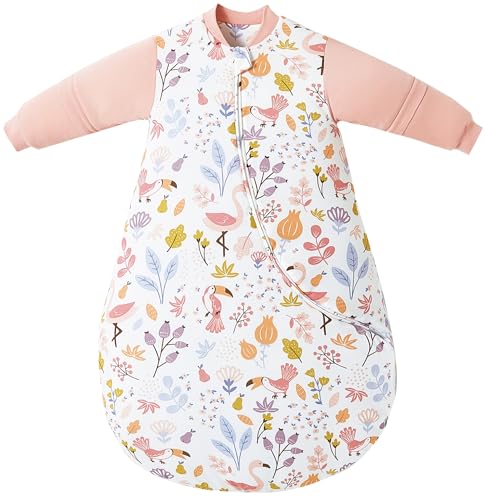 Chilsuessy Baby Schlafsack Winter mit abnembar Langarm Bio Baumwolle Babyschlafsack Kleine Kinder Ganzjahres Schalfsack Schlafanzug für Jungen und Mädchen, Beautiful Garten/3.5 Tog, 75-90 cm