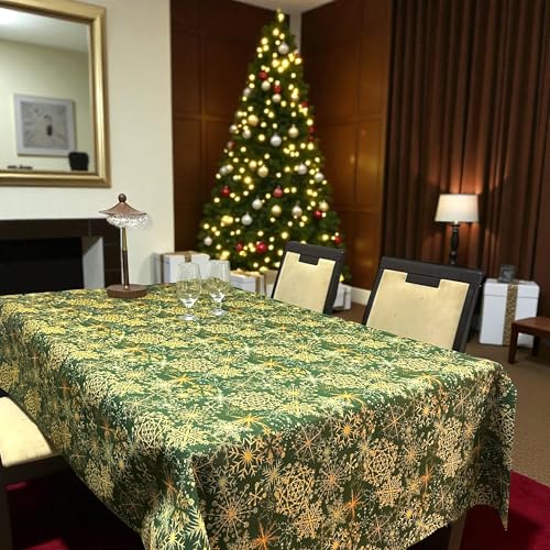 Mantel Navideño de Jacquard, Diseño de Copos de Nieve Dorados, Elegante Decoración para Mesa de Comedor, Fabricado en España, Estilo Moderno para Cenas Familiares y Fiestas (Verde Oro, 140 * 140 cm)