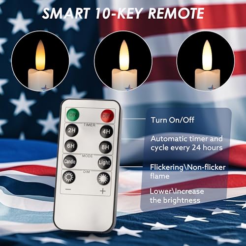Image of JOIONE Patriotic Flameless Taper Candles with Remote, 3 Pack Star Sticker | Battery Operated, Star Stickers, Real Wax, Remote Control, Warm Flickering Glow, 4th of July Independence Day Party Decor