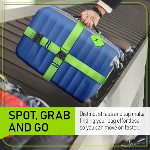 Untethered 4-Pack Luggage Tag Set | Durable Luggage Tags for Suitcases & Travel Bags | Bag Tag & Name ID Identifiers | Suitcase Tags for Easy Luggage Identification (Green - 4 Pack with Straps)4