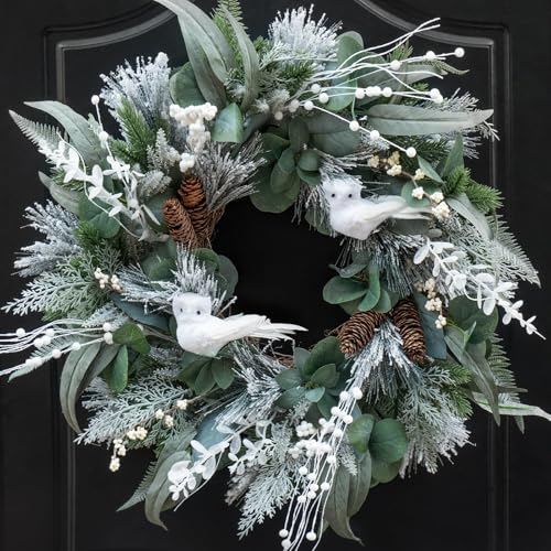 Pinkpuii 24 Inch Winter Wreaths for Front Door Outside, Outdoor Winter Wreath with White Owl,Pine Cones,Cedar and White Berries,Artificial Snowy Winter Hanging Decorations for Home Wall Firplace Decor