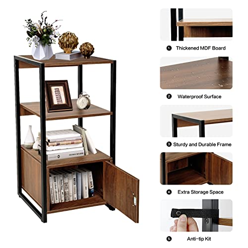 Babion 3-Tier Bookshelf, Industrial Bookshelf And Bookcase With Doors, Standing Storage Cabinet, Bookshelf Display Shelf, Wood And Metal Storage Shelf For Bedroom, Home Office, Entryway, Brown #TOP3