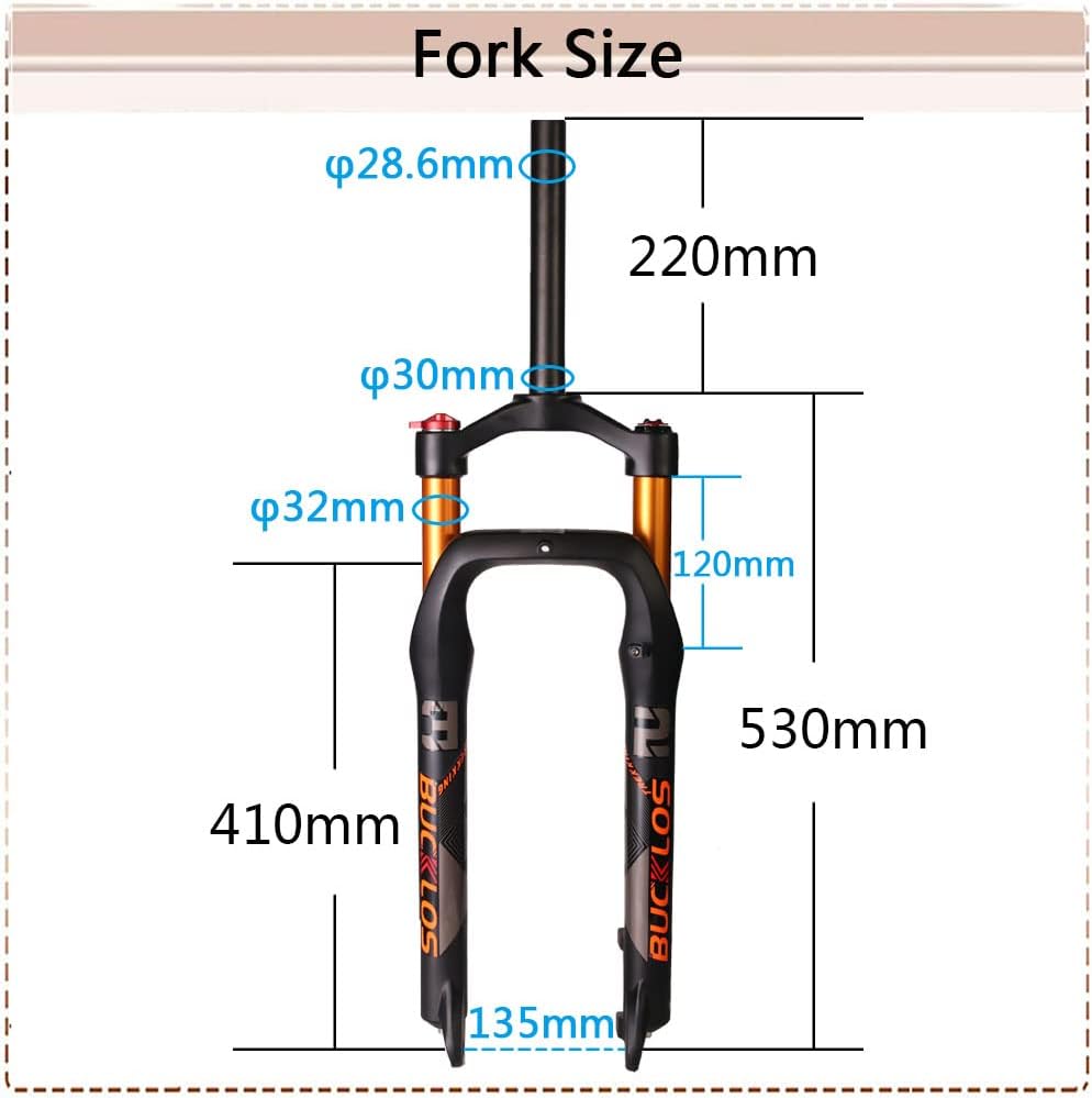 BUCKLOS 26 x 4.0 inch Fat Bike Tire Air Suspension Fork 120mm Travel, Spacing Hub 135mm 28.6mm Straight Tube Crown Lockout 9mm QR Ultralight Front Forks, fit Snow Beach Mountain Bike Black Gold