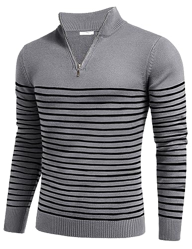 COOFANDY Men Slim Fit Zip Up Sweaters Knitted Turtleneck Casual Soft Pullover Sweaters Grey
