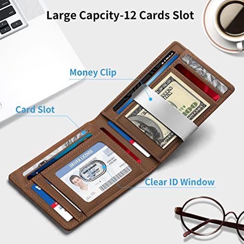 Wallet for Men Slim Bifold Leather Wallet with Money Clip RFID Blocking Minimalist Card Holder Front Pocket Mens Wallet,12 Card Slots (Brown)2