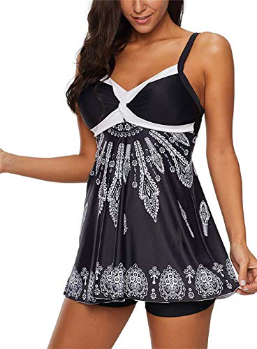 LAMISSCHE Womens Spaghetti Strap Bathing Suit Dress Printed Padded Tank Top Tankini Swimsuits(Two-Piece Black,L)