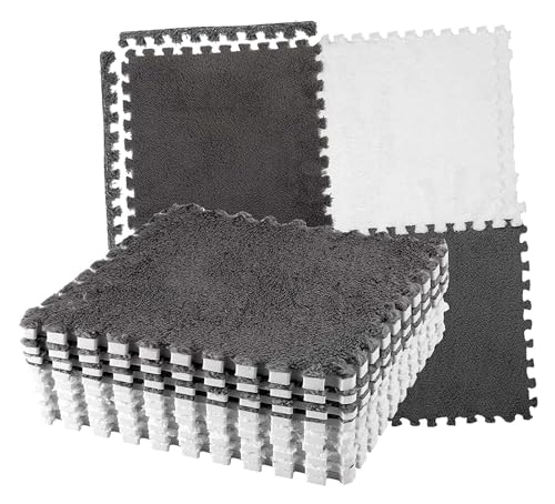 Stylebest 10 alfombrillas de espuma de felpa para piso de dormitorio con bloqueo de color, juntas divididas, entrelazadas, cortables, suaves para dormitorio (gris y blanco)