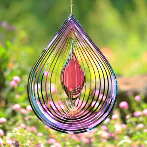 Wind Spinners Outdoor, 3D Water Drop Hanging Wind Spinners, Gradient Rainbow Color, 12 inches Stainless Steel Metal, for Garden, Yard Décor, Outside,...