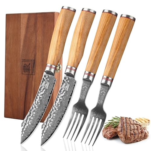 zayiko Damast 2er Steakmesser und Gabel-Set - 12 cm Klingen aus 67 Lagen echtem Damaststahl, Olivenholzgriffe, Damast Küchenmesser
