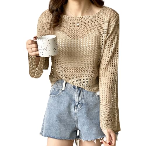 Image of CRAMPLEWomen Short Openwork Sunscreen Knitted Pullover Women Summer Seaside Resort Loose Design Sense Long-Sleeve Sweater Top