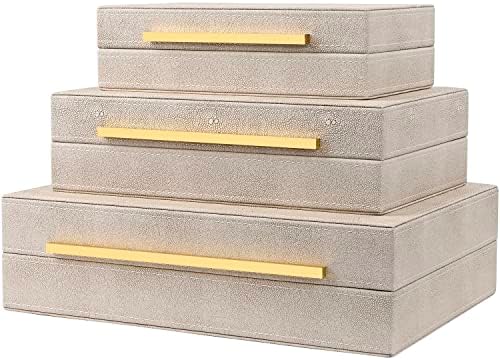 ZIKOUL Ivory Shagreen Decor Boxes Faux Leather Decorative Box, Set Of 3 Large Modern Decorative Storage Boxes with Lids pretty for Home Decor Stacking Box jewelry Organizer