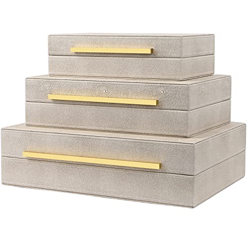 Zikoul Ivory Shagreen Decor Boxes Faux Leather Decorative Box, Set Of 3 Large Modern Decorative Storage Boxes With Lids Pretty For Home Decor Stacking Box Jewelry Organizer #TOP27