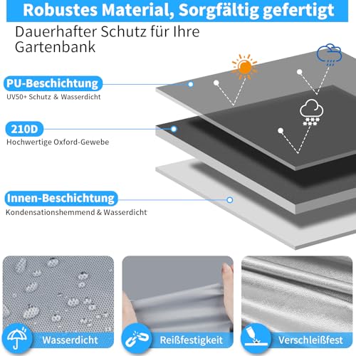 wiipara Gartenbank Abdeckung für 3 Sitzer, Bank Schutzhülle Gartenmöbel Abdeckung Wasserdicht, Anti-UV, Winddicht, 210D Oxford-Gewebe Abdeckhauben für Bänke, Gartensofa (162 x 66 x 66/89cm) - Grau