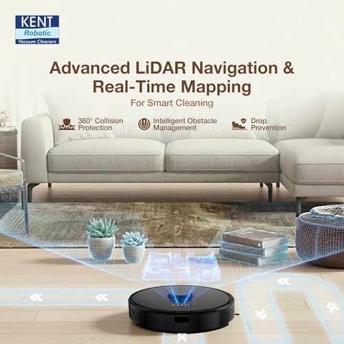 Image of KENT RoboKlean R1 Black 2-in-1 AI Robotic Vacuum Cleaner & Mop, 8500Pa Suction, 5200mAh Battery, 3D Mapping, Laser Navigation, Wet & Dry Cleaning, 260 Minutes Run-Time, Floor & Carpet, Anti Fall