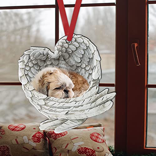 Talataca Shih Tzu Shitzu Schlafender Engelsflügel Tier Haustier Hund Bauernhaus 2D Flacher Auto Rückspiegel Zubehör Weihnachtsbaum Ornament Dekoration Hängender Charme Innen Rückansicht Anhänger Dekor