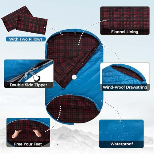 Image of KingCamp Double Sleeping Bag for Adults, Queen Size 2 Person XXL Flannel Sleeping Bag, Waterproof Lightweight Flannel Quilt with 2 Pillows, Perfect for Couples Family Camping Hiking