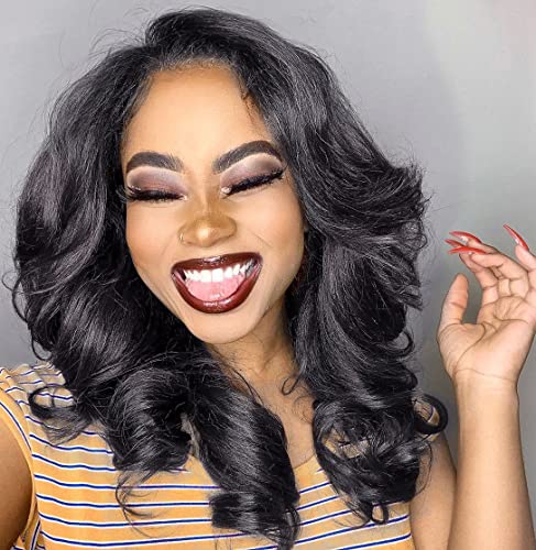 Blackswern Body Wave Lace Front Wig, Layered Thick Body Wave Blowout Lace Wig With Side Part Feathered Bangs, Melted Hairline Hd Lace Wig For Women (14, 1B) #TOP1