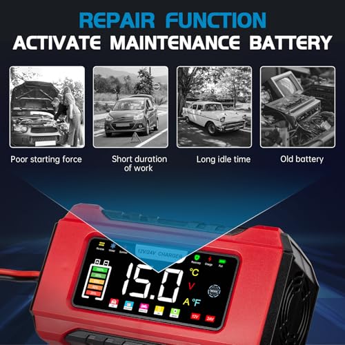Image of 15-Amp Car Battery Charger 12V /24V, Aptliton Intelligent Car Battery Charger with 9-Stage Charging, LCD Display For Car, Truck, Motorbike, Boat - Compatible with Lead-Acid, AGM, EFB, LiFePO4 Batteries