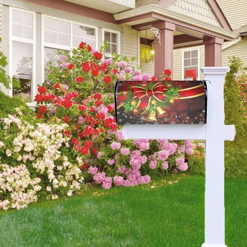 Image of Christmas Bow Bell Red Mailbox Covers Magnetic Mailbox Wraps Post Letter Box Cover Standard Oversize 21 inchX18 inch /25.5 inch X 21 inch Mailwrap Garden Home Decor