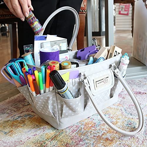 Image of Everything Mary Deluxe Store & Tote Organizer - Tan Dot Craft Tote with Handle - Art Supply Caddy for Sewing, Scrapbooking, DIY Projects & Creative Tool Storage
