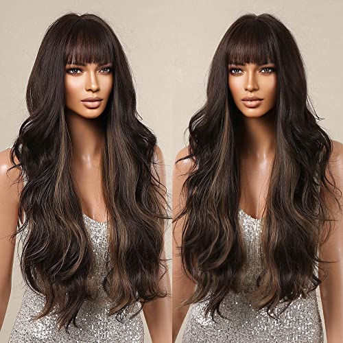 Dark Brown Water Wavy Wig With Full Bang Golden Highlight Long Synthetic Hair Wigs For Black Women Natural Looking Heat Resistant #TOP3