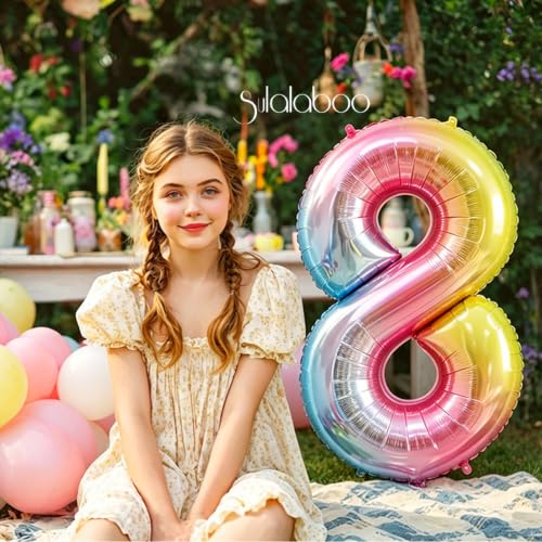 Image of Rainbow Gradient Number 8 Balloon 40 Inch Big Large Balloons 0-9 | 8th Helium Foil Mylar Number Balloons for Birthday Anniversary Party Decorations