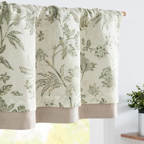 jinchan Floral Valance Curtain Linen Kitchen Valance for Windows 16 Inch Farmhouse Blackout Green Floral Short Window Treatment for Living Room 1 Panel Rod Pocket Double Layer Sage on Beige