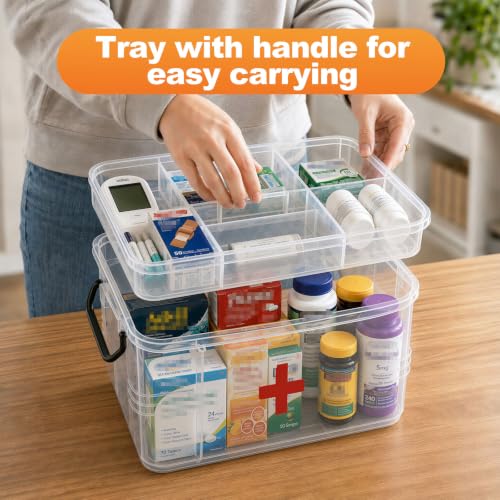 Image of 15QT Clear Medicine Organizer Box with Handle, Plastic Dorm Medicine Box with Tray, Empty First Aid Boxes, Thickened Medicine Storage Organizer, Multipurpose Medication Organizer Storage, Clear