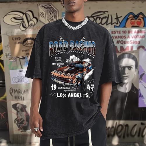 Mens Graphic T-Shirts Oversized Acid Wash Tshirt Vintage Streetwear Shirt Cool Road Racing Printed Tee Los Angeles Top2