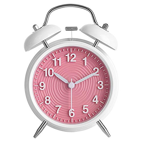 Topkey 4” Twin Bell Alarm Clock Non-ticking Bedside Table Travel Clock Vintage Alarm Clock With Nightlight and Loud Alarm, Battery Operated (Not Included) - Pink