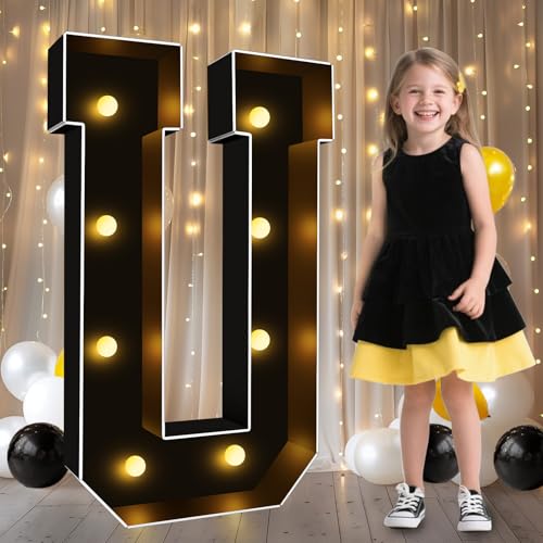 Image of Pooqla 3FT Marquee Light Up Letters, Black Large Letter U Party Decorations | LED Marquee Letters 3 Feet Tall, Black Giant Mosaic Letters Gift for Boys Men Birthday Anniversary Wedding Decoration
