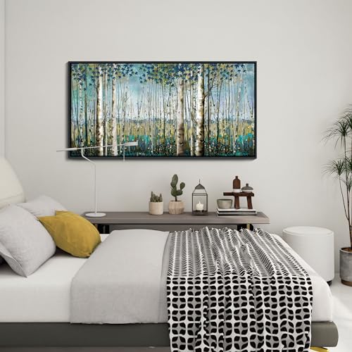 Image of Pogusmavi Tree of Life Wall Art - Large Nature Birch Tree Canvas Painting for Home Decor | Framed Green Artwork for Living Room, Bedroom, and Office | Teal Wall Art Decoration 24x48 Inch