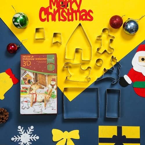 Keepaty 9 Pcs Christmas Gingerbread House Cookie Cutter Set for Baking,3D Stainless Steel Christmas Biscuit Cutters,Gingerbread Man,Reindeer,Sled