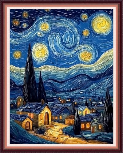 Image of Fanxvivy Stamped Cross Stitch Kits for Beginners Full Range of Cross Stitching Preprinted Embroidery Kits for Adults, 11CT Embroidery Pattern Needlepoint Kits-Van Gogh's House Starry Sky 16x20 inch