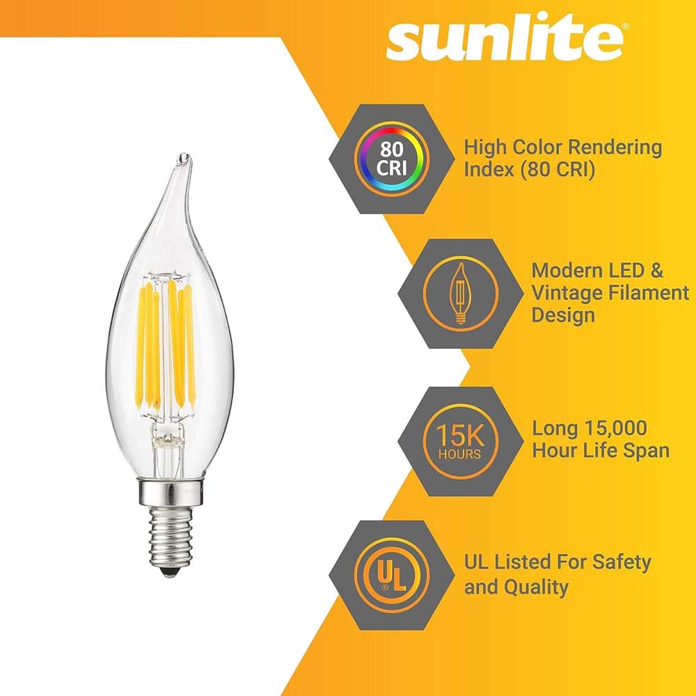 Sunlite 81107 LED Filament CA11 Flame Tip Chandelier Light Bulb 5 Watts 60W 600 Lm Candelabra Base E12 — view 3