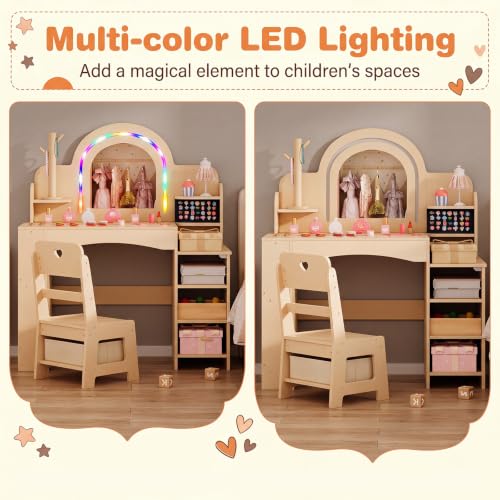 Image of HONEY JOY Kids Vanity, Wooden Girls Vanity Set with Lighted Mirror & Open Bookshelf, Ring Slot & Jewelry Storage, Toddler Makeup Vanity Desk Dressing Table, Kids Vanity Table and Chair Set (Natural)
