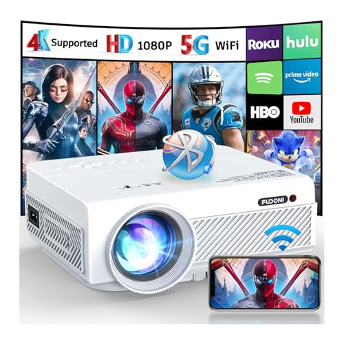 Projector with WiFi and Bluetooth, FUDONI 5G WiFi Native 1080P Outdoor Projector 15000L Support 4K, Portable Movie Projector with Screen and Max 300', for iOS/Android/Laptop/TV Stick/HDMI/USB/VGA/TF